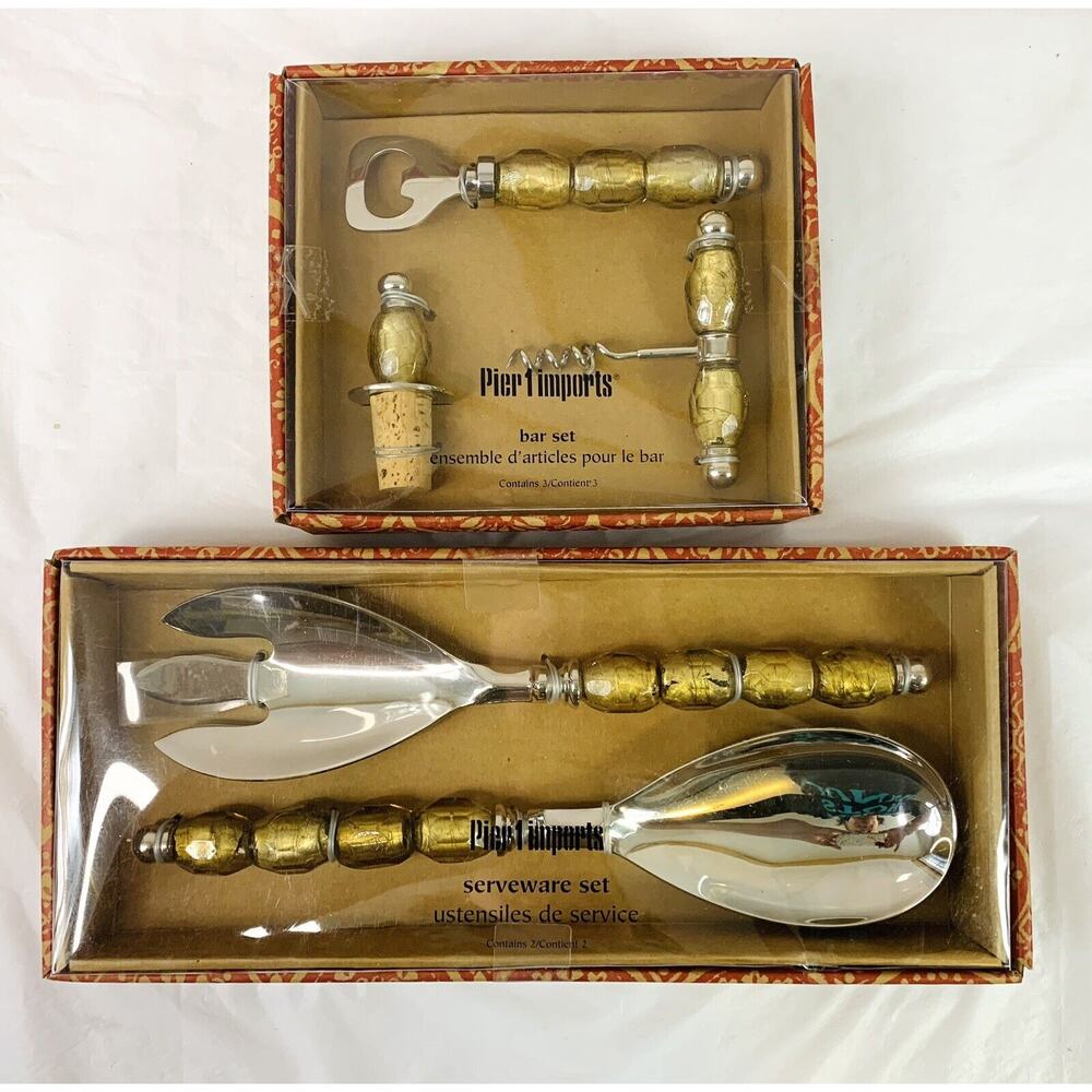 Pier 1 Imports 3 Piece Gold Bar Tool Set And Matching Serveware Spoon Fork NEW